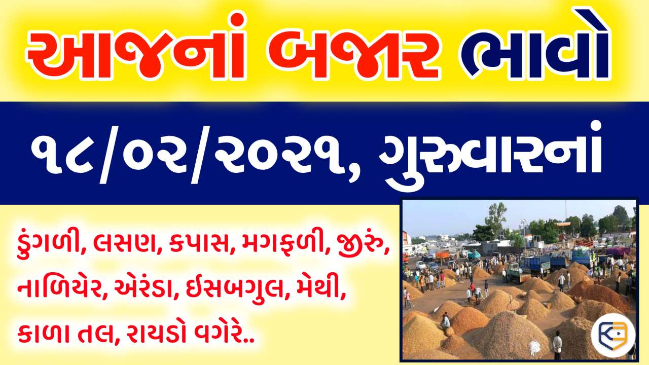 આજના (૧૮/૦૨/૨૦૨૧, ગુરુવારનાં) બઝાર ભાવો: રાજકોટ, મહુવા,ગોંડલ, ઊંજા, જામનગર...